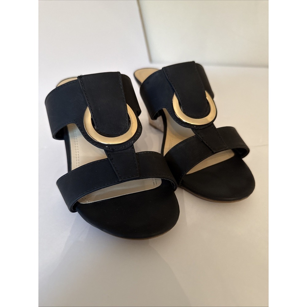 Impo Versie Black Wedge Sandals Gold Ring Detail Cork Heel Womens 8.5W
